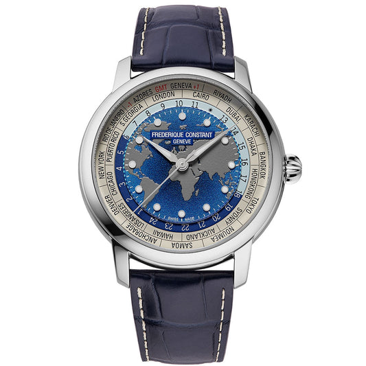 The Frederique Constant Manufacture Classic Worldtimer Automatic 40mm watch features a blue gradient dial with world map, silver case, black leather strap, and city names for tracking 24 time zones.