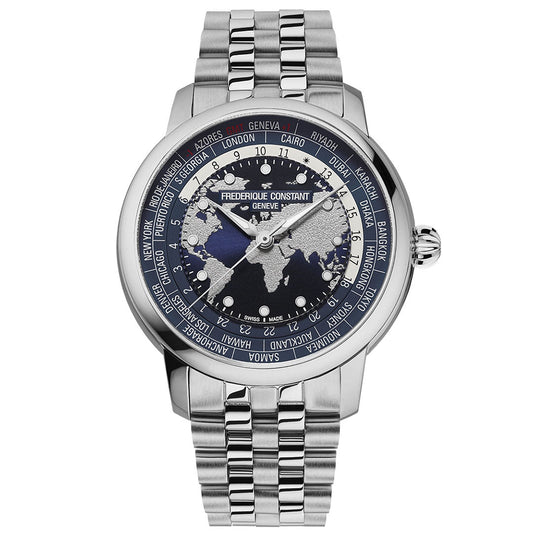 The Frederique Constant Manufacture Classic Worldtimer Automatic 40mm Watch features a steel bracelet, navy blue world map dial with city names for world time zones, and silver hour and minute hands.