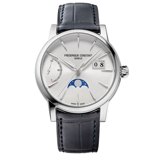 The Frederique Constant Manufacture Classic Power Reserve Big Date Automatic 40mm Watch is a luxury wristwatch featuring the FC-735 Manufacture caliber, a silver dial with a moon phase display, and silver-toned hour markers. It comes with a black leather strap and includes a date window, all elegantly labeled "Frederique Constant Geneve.