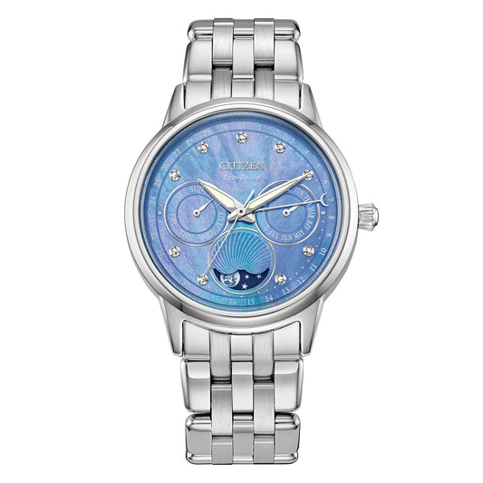 The CITIZEN Calendrier Eco-Drive 37mm Watch features a silver stainless steel band and a round face with a blue and purple mother-of-pearl background, adorned with crystal hour markers. It also includes multiple sub-dials, featuring day and date functions.