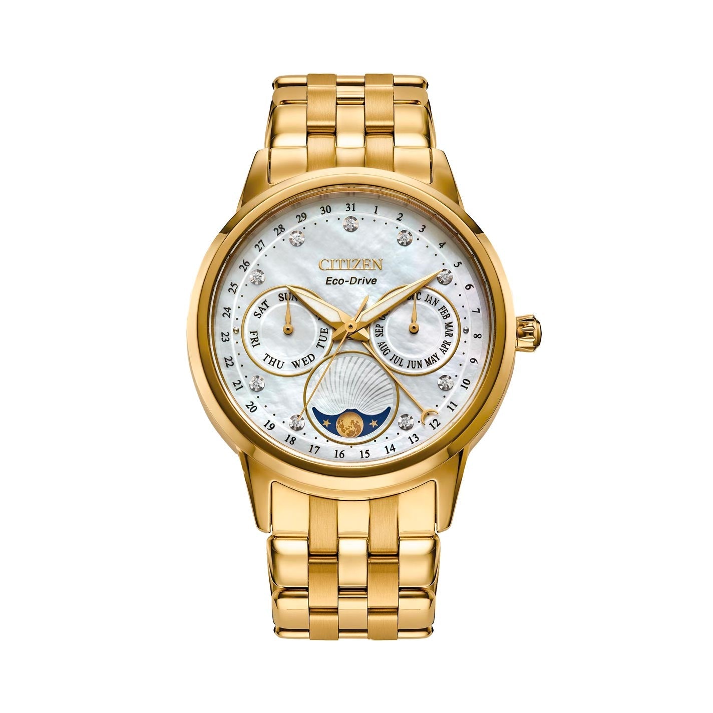 The CITIZEN Calendrier Diamond Accented Bezel Eco-Drive 44mm Watch features a gold-tone stainless-steel construction and a white, textured dial. Equipped with Eco-Drive technology, it includes two subdials for day and date, a moon phase display, and diamond hour markers. The polished bracelet adds to its elegant style.