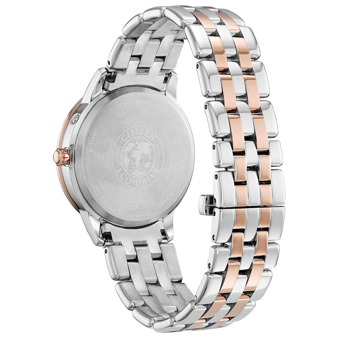 The CITIZEN Calendrier Eco-Drive 37mm Watch showcases a refined blend of stainless steel and rose gold, with a Mother-of-Pearl dial and engraved back case. Its bracelet features silver and rose gold links, and the crown is conveniently located on the side. Powered by Eco-Drive technology.