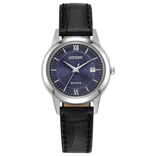 The CITIZEN Classic Eco-Drive 29.3mm Watch features a silver case, blue dial, and black leather strap. The dial showcases silver hour markers and Roman numerals at 12 and 6, with a date display at the 3 o'clock position. Stylish silver hands add the finishing touch to this elegant timepiece.