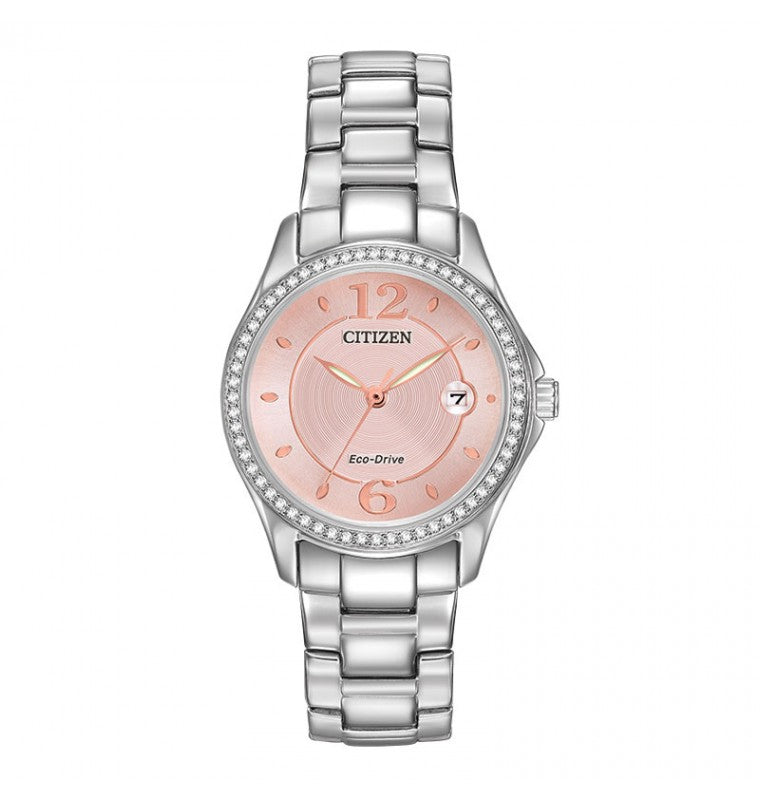 Introducing the CITIZEN Silhouette Crystal Eco-Drive 30mm Watch by CITIZEN, a striking silver wristwatch featuring a round pink dial adorned with Swarovski crystals. This sophisticated timepiece boasts silver hour markers, a date window at the 3 o'clock position, and a bezel accented with diamonds. It is elegantly paired with a sleek stainless steel link bracelet.