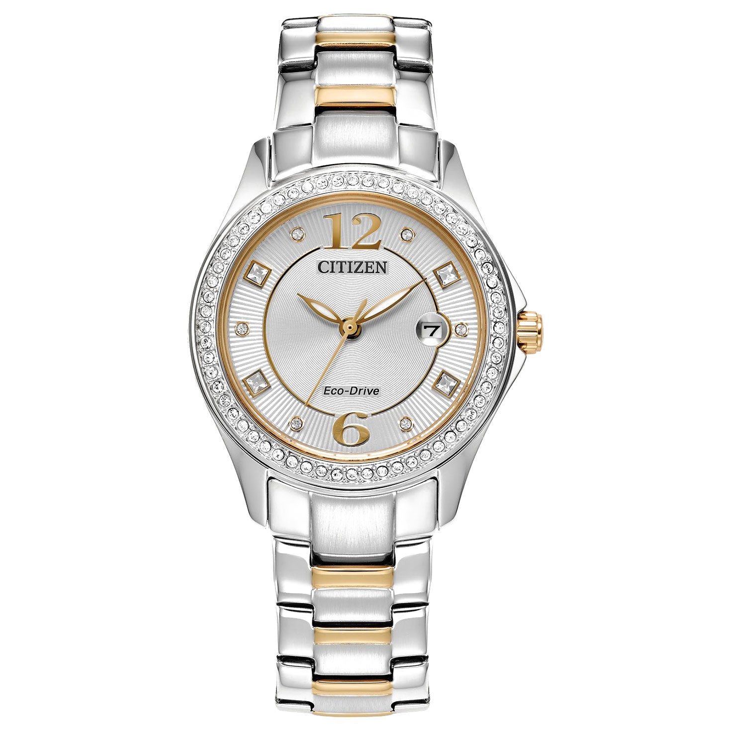 A CITIZEN Crystal Eco-Drive 28mm Watch featuring a silver and gold-tone bracelet. This elegant timepiece has a round face with gold hour markers, a date window at 3 o'clock, and a silver bezel embellished with small crystals.