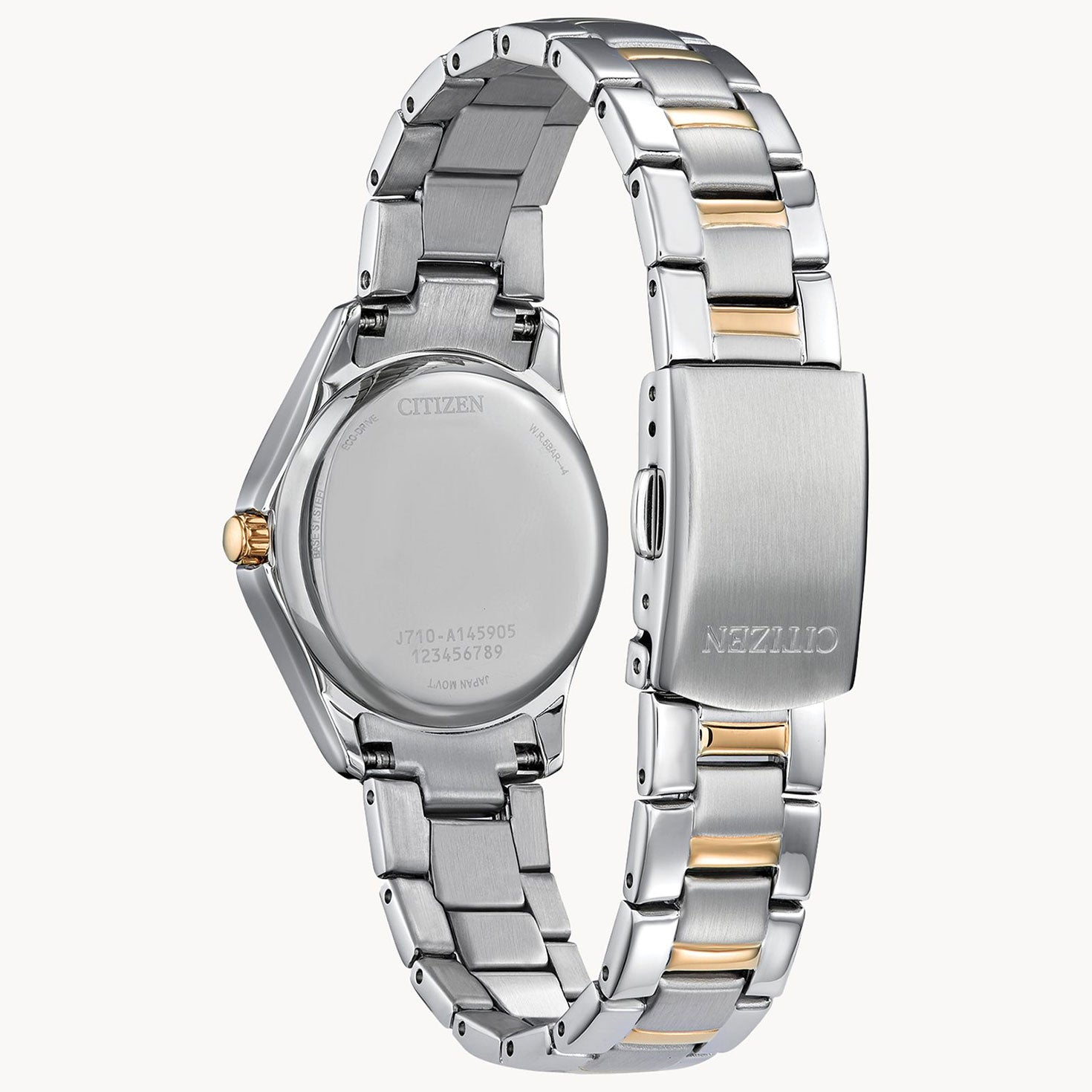 The CITIZEN Crystal Eco-Drive 28mm watch, with a two-tone metal bracelet, is displayed from the back. It showcases a stainless steel case, gold-tone crown, and clasp adorned with the Citizen logo. The circular back cover is engraved with intricate details.