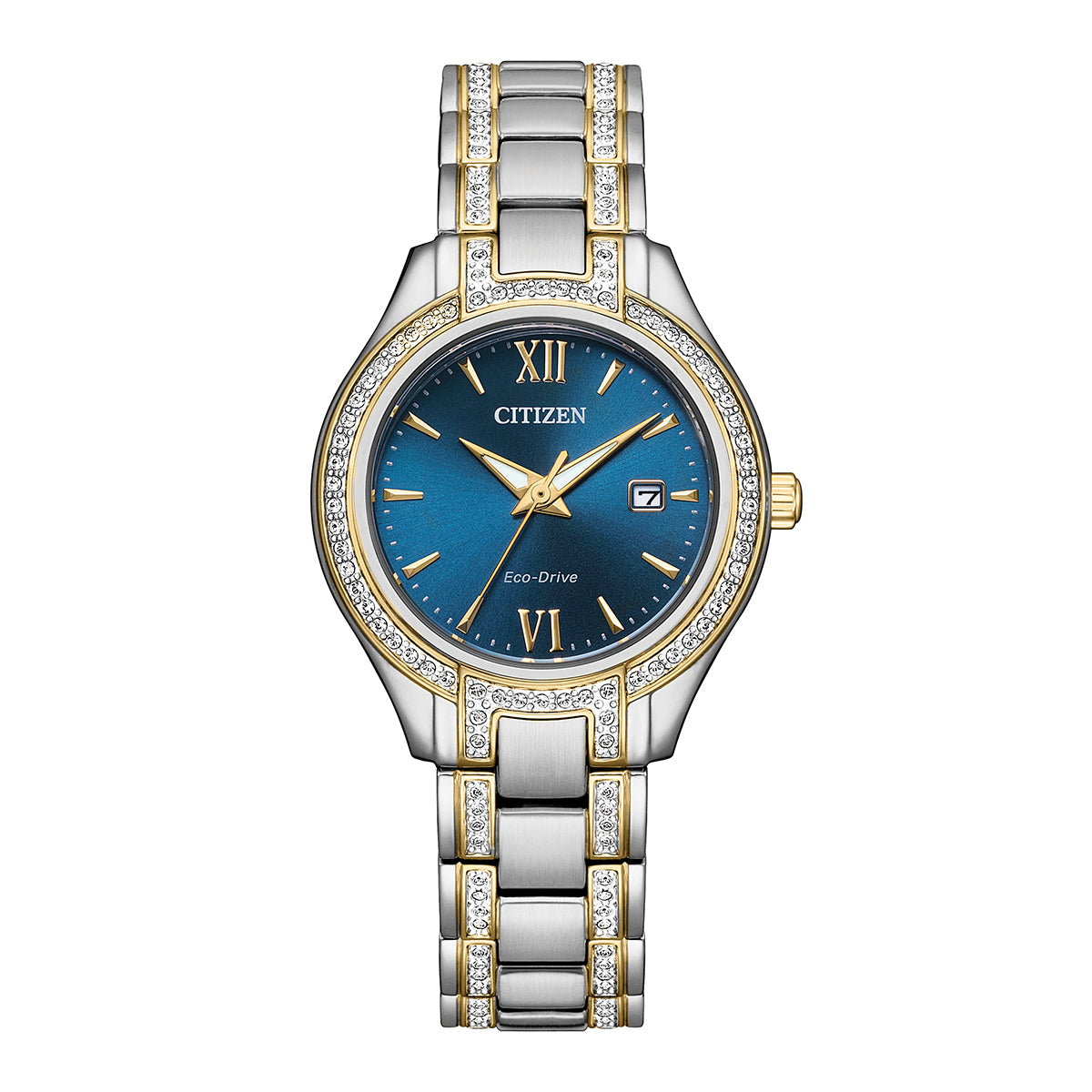 The CITIZEN Silhouette Crystal Eco-Drive 30mm Watch from CITIZEN showcases Eco-Drive technology with a striking blue dial and a date display positioned at the 3 o'clock mark. This exquisite timepiece is designed with an elegant two-tone stainless steel case and band, embellished with sparkling crystals and featuring Roman numeral hour markers, embodying timeless sophistication.