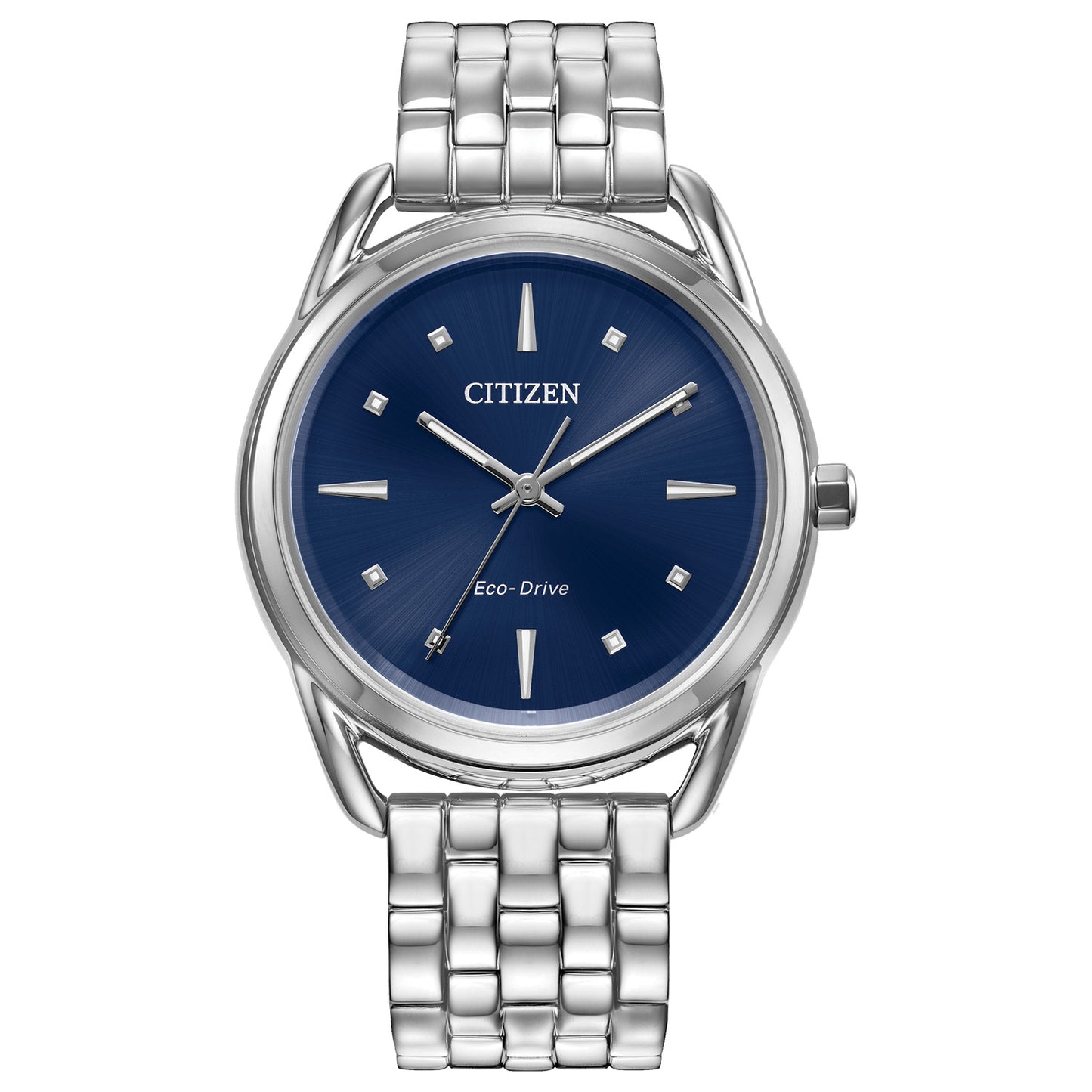 The CITIZEN Dress Classics Eco-Drive 36mm Watch for ladies features Eco-Drive technology and includes a stainless steel bracelet. Its round blue dial is complemented by silver hour markers and hands, with the "CITIZEN" brand name and "Eco-Drive" elegantly displayed on the watch face.