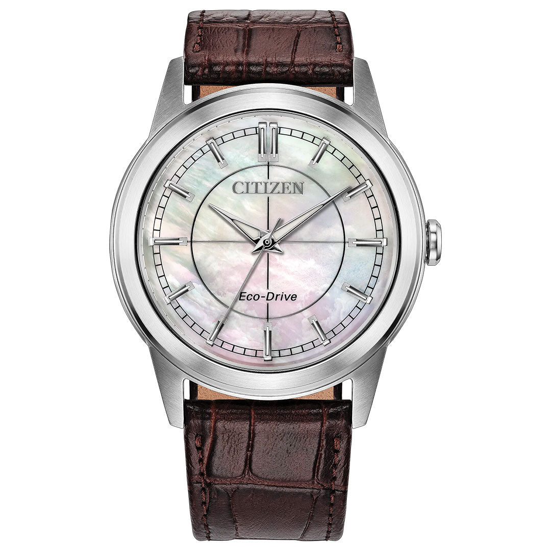 The CITIZEN Rolan Eco-Drive 37mm Watch by CITIZEN showcases a sleek stainless steel case, an iridescent mother-of-pearl dial with silver hour markers, and a brown leather strap embossed with a crocodile pattern.