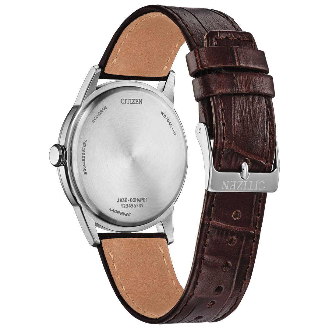 Back view of the CITIZEN Rolan Eco-Drive 37mm Watch, featuring a brown leather strap, a stainless steel case with engraved model details, and a silver clasp embossed with the CITIZEN logo.