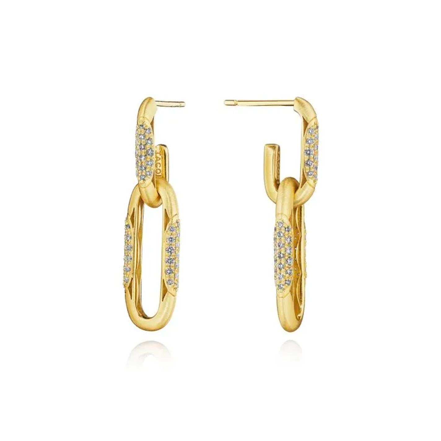 The Tacori Crescent Eclipse Yellow Gold Earrings with Diamond by Tacori are displayed on a white background. These 18k gold chain-link earrings feature round-brilliant diamonds embedded on the front links, showcasing a sleek, contemporary design with a polished finish.