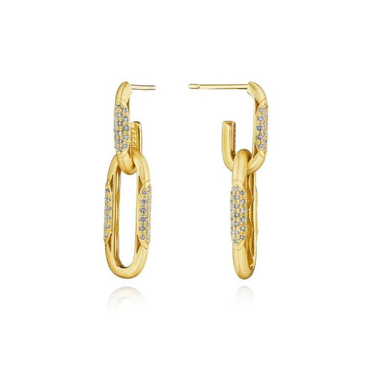 The Tacori Crescent Eclipse Yellow Gold Earrings with Diamond by Tacori are displayed on a white background. These 18k gold chain-link earrings feature round-brilliant diamonds embedded on the front links, showcasing a sleek, contemporary design with a polished finish.