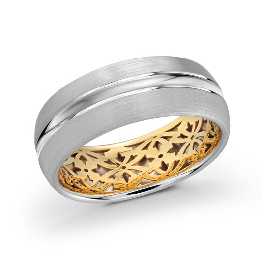 The Malo 14K White and Yellow Gold 8mm Wedding Band showcases intricate floral patterns in 14 Karat gold on the inner band, set against a sleek silver outer design with a subtle groove. This blend of modern and classic elements is crafted to perfection in size 10.