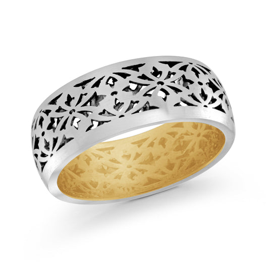 The Malo 14K White and Yellow Gold 8mm Wedding Band features a stunning silver exterior with intricate floral cutout designs, revealing a polished 14 Karat gold interior. It's available in size 10 for a perfect fit.