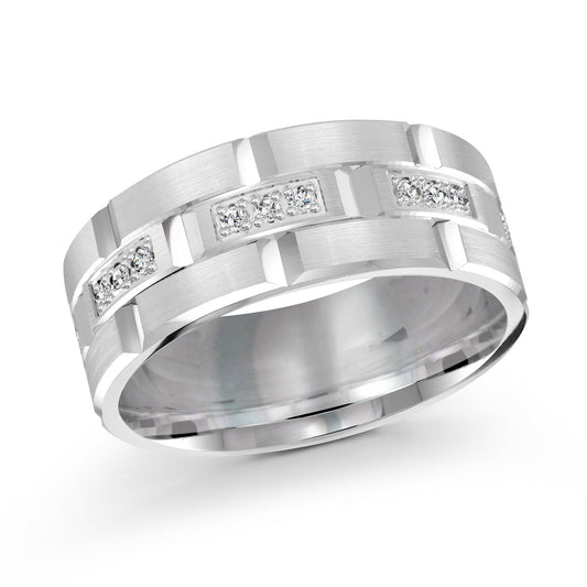 The Malo 14K White Gold Diamond 9mm Wedding Band showcases a geometric design with square settings and small, embedded clear stones. The polished and matte finishes blend modern elegance perfectly, highlighting the sophistication of round diamonds.