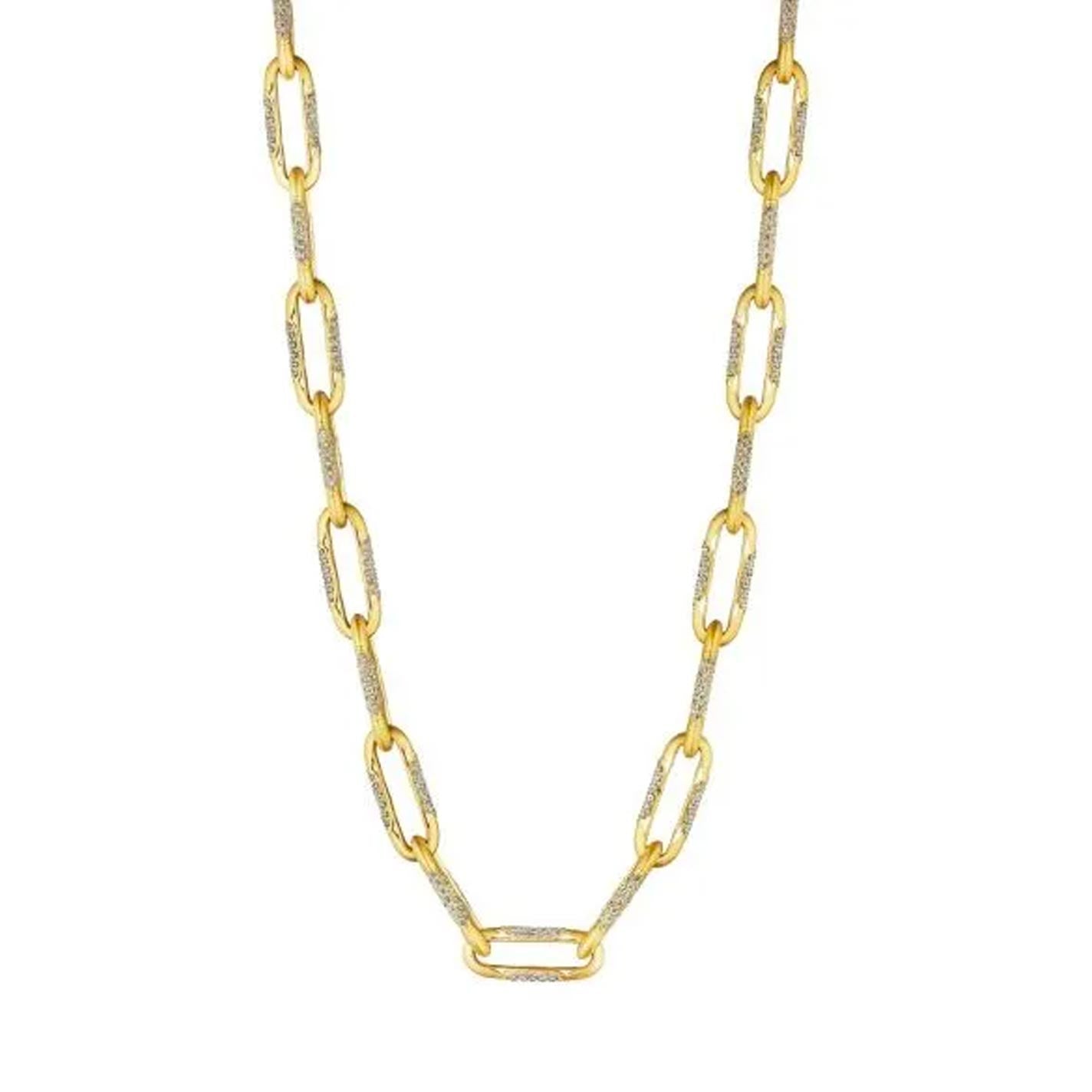 The Tacori 18K Yellow Gold Large Link Diamond Necklace features a stunning design with elongated links, some highlighted by small diamonds. This exquisite piece creates an elegant pattern of alternating gold and diamond-encrusted links, making it an ideal choice for any sophisticated ensemble.