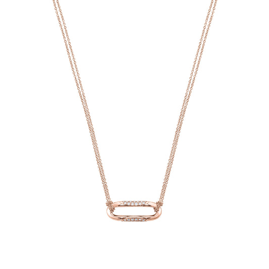 The Tacori Crescent Eclipse necklace in 18K rose gold features a delicate chain with a small horizontal oval pendant, adorned with round-brilliant diamonds. Its fine link design is enhanced with signature TACORI details, offering a minimalist and sophisticated look.