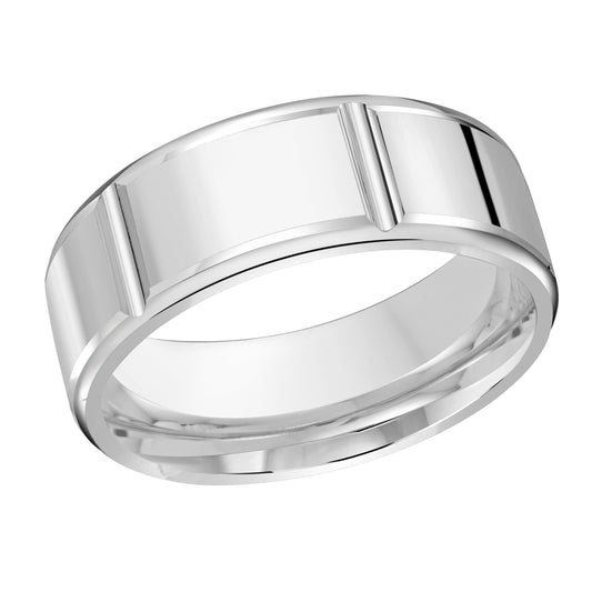 A sophisticated Malo 10K White Gold wedding band, featuring a sleek 8mm width and a glossy finish, highlighted by two subtle indentations on opposite sides. This ring embodies simplicity and elegance with its modern design.