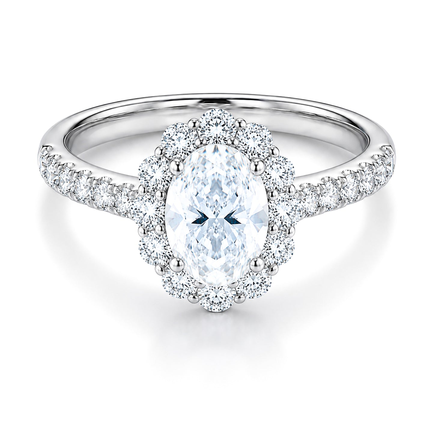 The Raffi&Co.® 14K White Gold Oval Halo Diamond Engagement Ring features a GIA certified center diamond, a halo of smaller diamonds, and additional diamonds along the band.