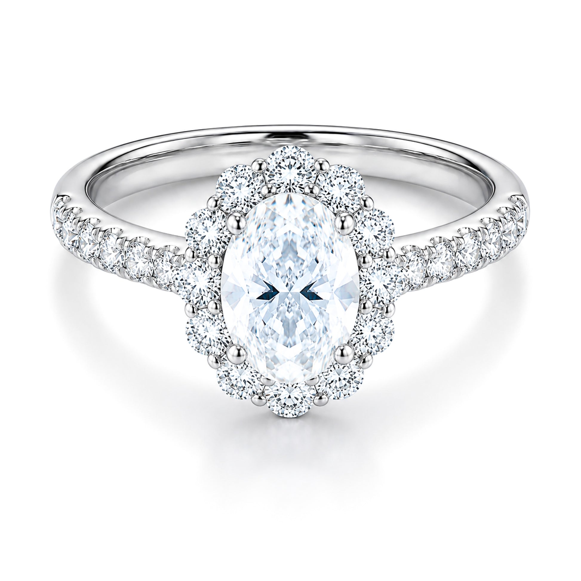 The Raffi&Co.® 14K White Gold Oval Halo Diamond Engagement Ring features a GIA certified center diamond, a halo of smaller diamonds, and additional diamonds along the band.