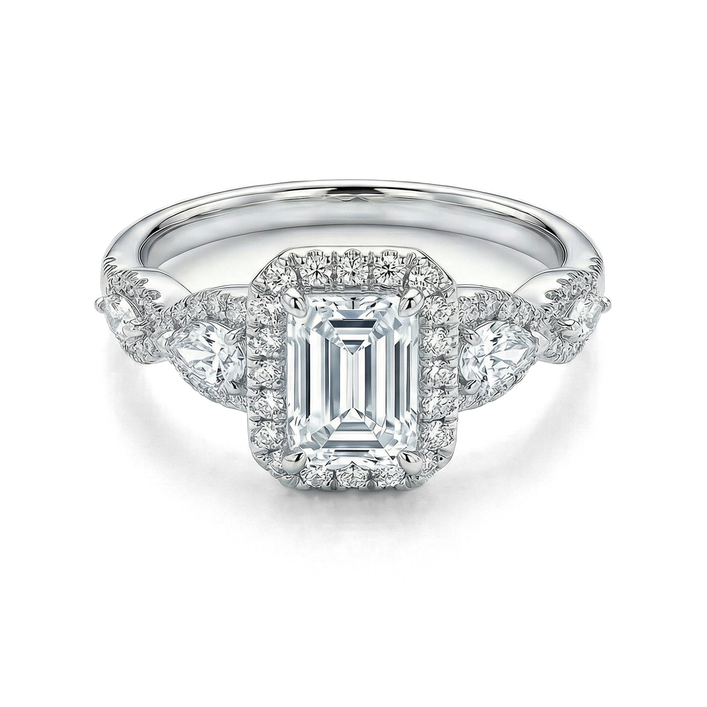 The Raffi&Co.® 14K White Gold Emerald Diamond Halo Engagement Ring features an emerald-cut center diamond, a sparkling diamond halo, and two marquise side stones, all set on a polished band for timeless elegance.