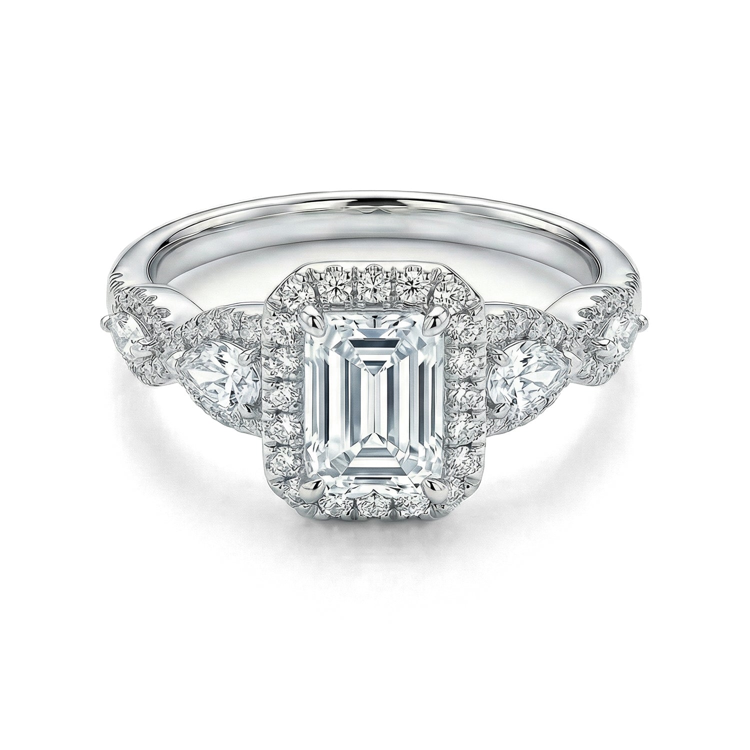 The Raffi&Co.® 14K White Gold Emerald Diamond Halo Engagement Ring features an emerald-cut center diamond, a sparkling diamond halo, and two marquise side stones, all set on a polished band for timeless elegance.