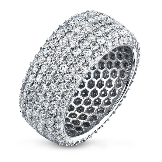The Simon G 18K White Gold Diamond Fashion Ring by Simon G showcases an intricate honeycomb pattern on its inner side, with multiple small round diamonds encrusted in the 18-karat white gold, offering a textured and sparkling appearance.