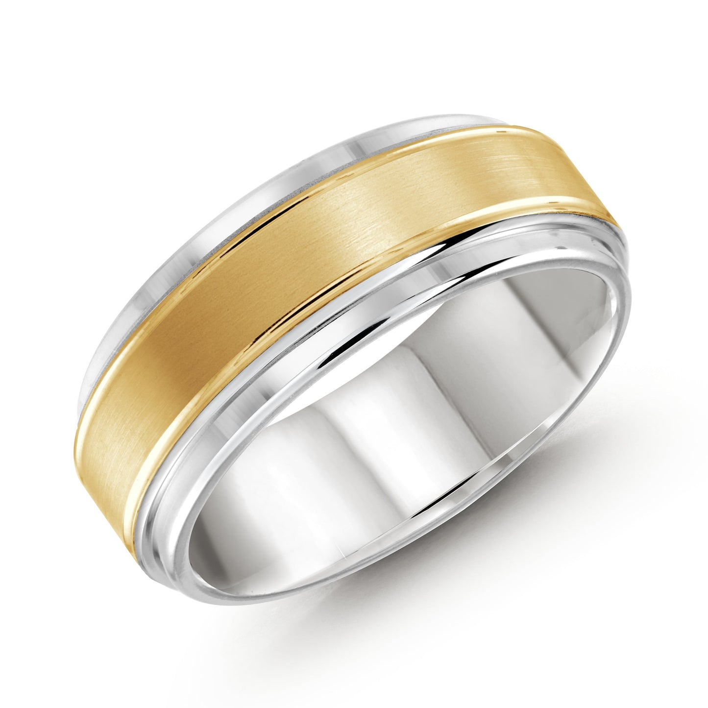 Introducing the Malo Tungsten and 10K Yellow Gold 8mm Wedding Band, featuring a striking two-toned design with a lustrous silver tungsten exterior and a brushed yellow gold center band. The ring's smooth edges and polished finish beautifully reflect light, creating an elegant and timeless look.