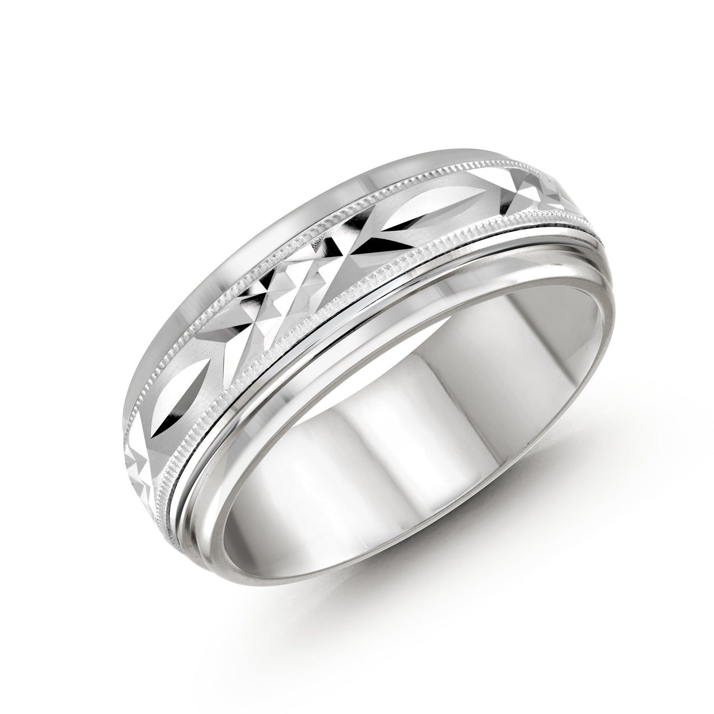 The Malo Tungsten and 10K White Gold 8mm Wedding Band is a sophisticated choice for a lasting commitment, showcasing a silver tungsten ring with a polished finish. It features an intricate geometric diamond-cut pattern along the center, adding depth and texture to its otherwise smooth band.