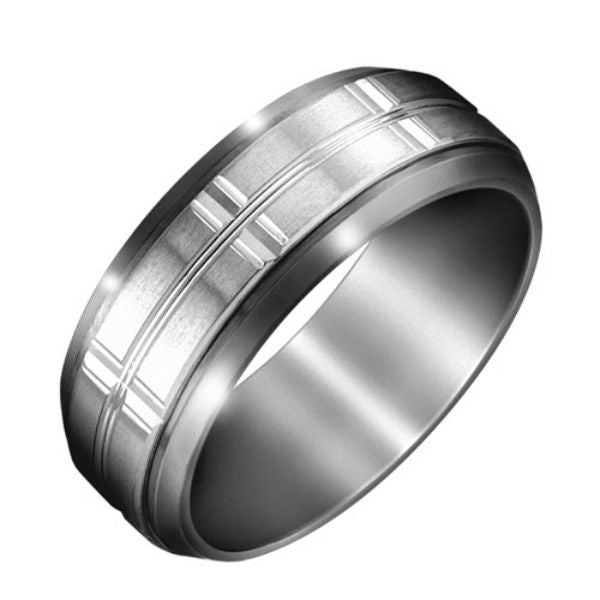 The Malo Tungsten and 10K White Gold 8mm Wedding Band features a sleek design with grooved, textured lines elegantly encircling the polished silver tungsten carbide surface.