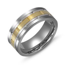 The Malo Tungsten and 10K Yellow Gold 8mm Wedding Band boasts a contemporary design, showcasing a central band of yellow gold flanked by smooth tungsten edges, beautifully set against a pristine white background.