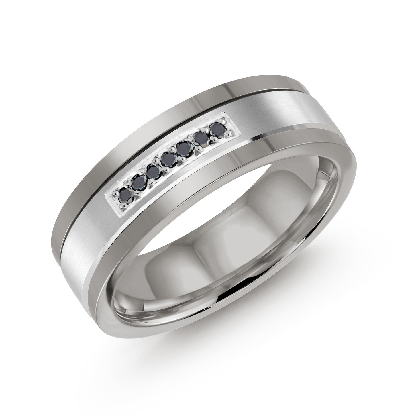 The Malo Tungsten and 14K White Gold Diamond 7mm Wedding Band showcases a sophisticated design, highlighting a tungsten base with a brushed metal finish. This elegant ring is adorned with a row of five small black stones arranged in a rectangular pattern, complemented by sleek, polished edges for a modern look.