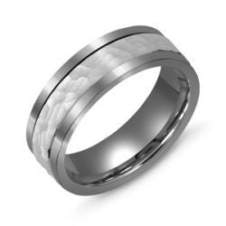 A Malo Tungsten and 10K White Gold Wedding Band is displayed against a plain white background. The ring features a textured band with a white inlay design and has a matte finish that provides a modern and sleek appearance.