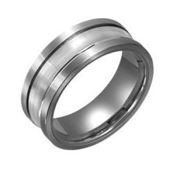 Introducing the Malo Tungsten and 10K White Gold 8mm Wedding Band, a modern masterpiece featuring a sleek, silver-toned brushed finish with a narrow groove encircling its circumference. This minimalist ring is elegantly designed with slightly beveled edges for added sophistication.