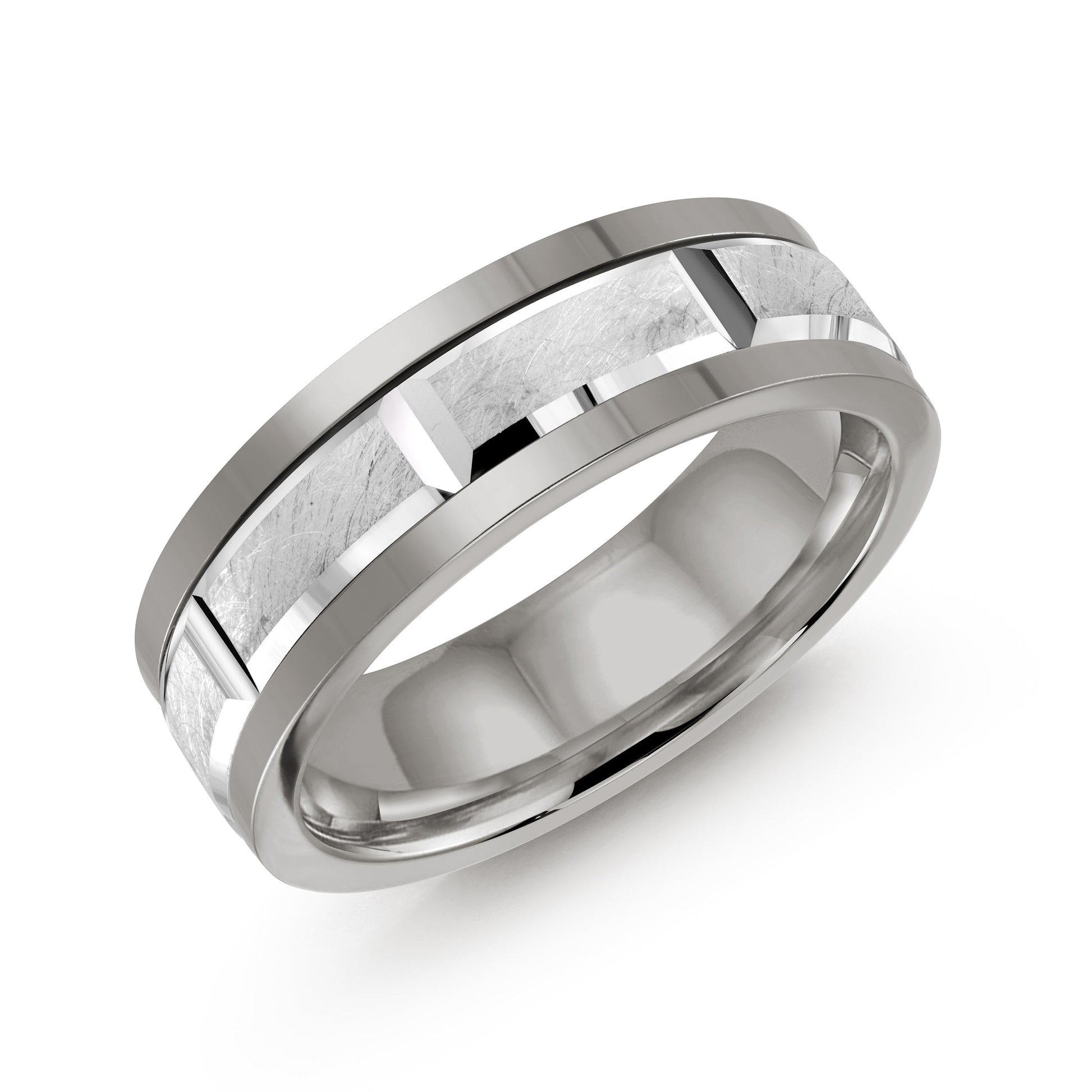 Product Description: Introducing the Malo Tungsten and 10K White Gold 8mm Wedding Band by Malo. This elegant ring features a sleek brushed finish with polished edges, enhanced by rectangular grooves encircling its surface for a modern and geometric appeal. Photographed against a plain white background, this band exemplifies contemporary sophistication.