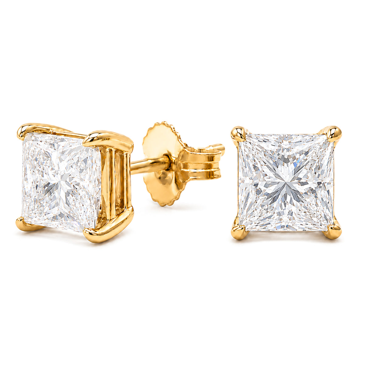 The Raffi&Co.® 14K Yellow Gold Princess Cut Lab Diamond Stud Earrings feature VS1-VS2 clarity lab diamonds in elegant four-prong settings, crafted in 14K yellow gold, with one earring displayed from the front and the other from the side.