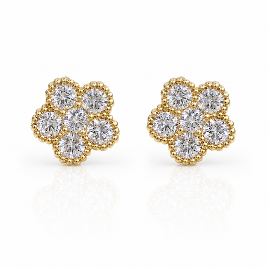 Roberto Coin Tennis Flower 18K Yellow Gold Diamond Stud Earrings, each with seven round diamonds and beaded edges, displayed on a white background.