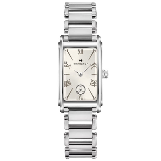 Introducing the Hamilton American Classic Ardmore Quartz 18.7mm X 27mm Watch from the Ardmore collection, featuring a silver wristwatch design. It boasts a rectangular face adorned with Roman numerals and a small sub-dial positioned at 6 o'clock, prominently displaying the iconic "Hamilton Watch" brand name on the dial. The metal bracelet showcases chic rectangular links, making it an ideal choice for a modern makeover.