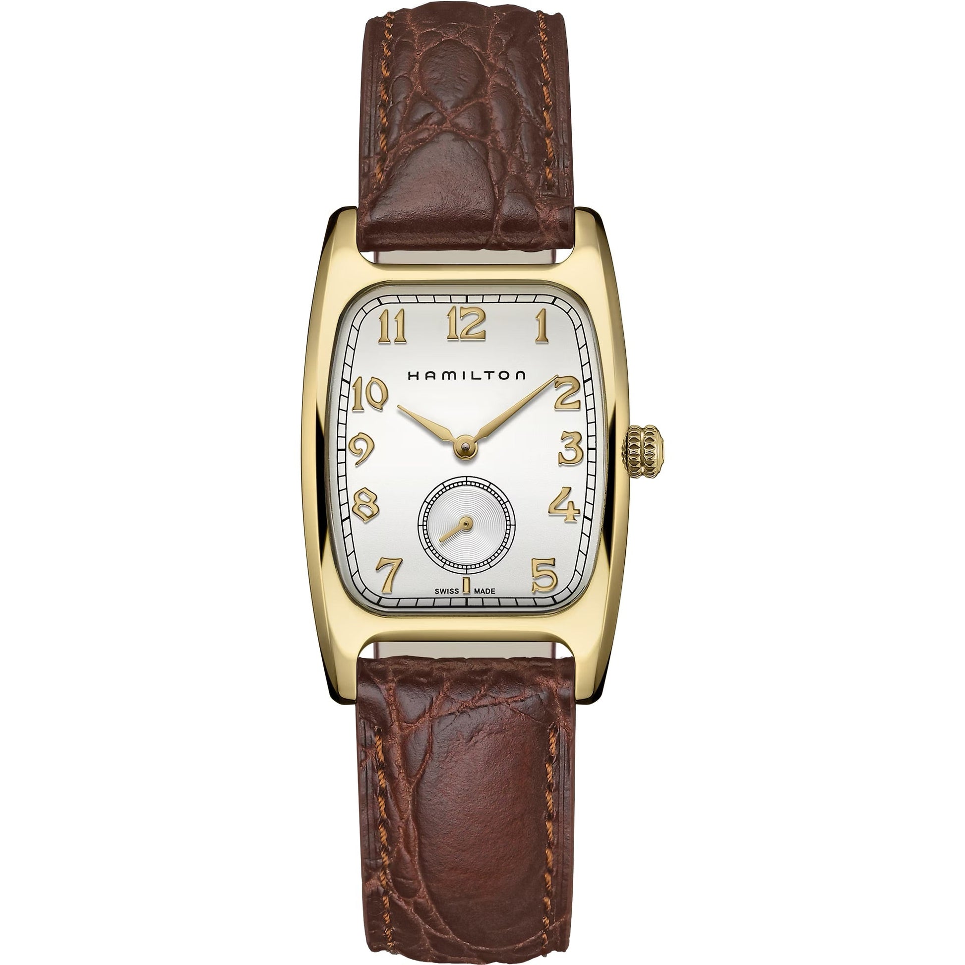The Hamilton American Classic Boulton Quartz 27mm x 32mm by Hamilton Watch features a rectangular silver dial with gold numerals, small seconds subdial, and a brown textured leather strap, epitomizing Swiss precision.