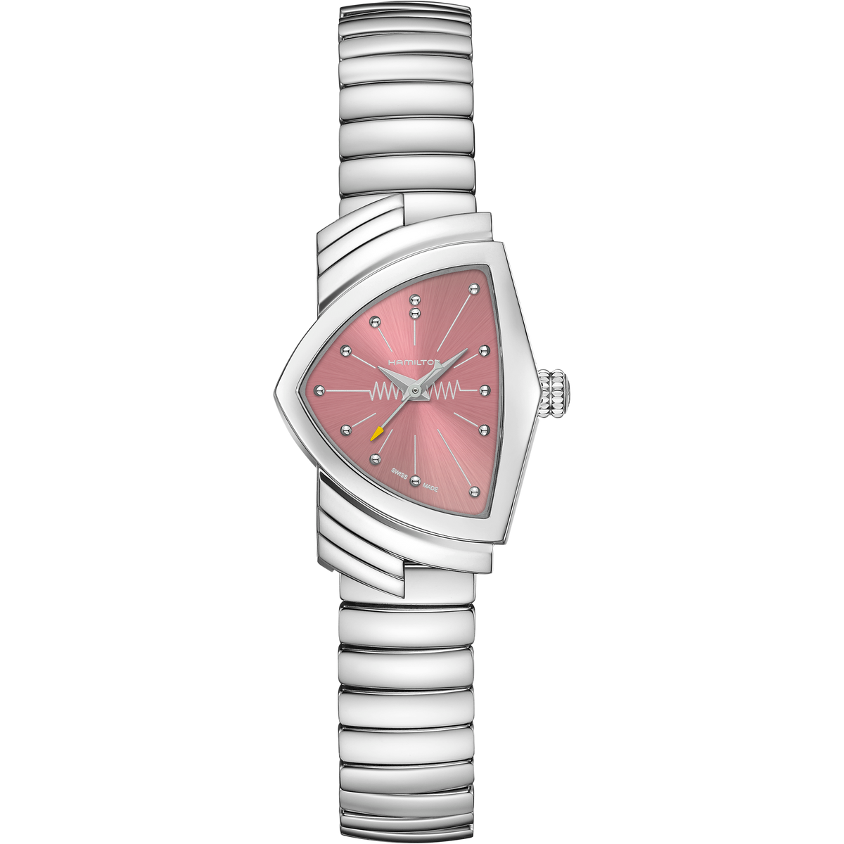 Crafted by Hamilton Watch, the Hamilton Ventura S Quartz 24mm x 36mm watch features a flexible stainless steel bracelet and a striking pink, triangular dial accented with silver hour markers and hands. Inspired by the iconic Hamilton design, this model offers a bold, geometric aesthetic with modern appeal.