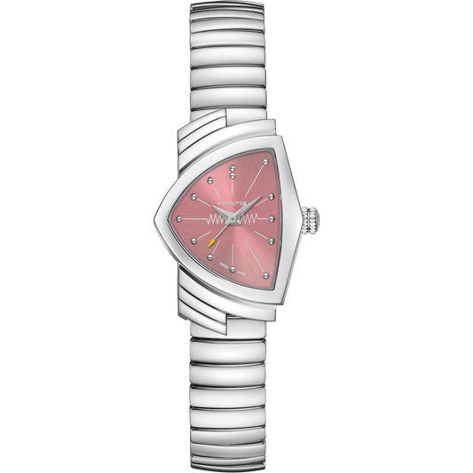 Crafted by Hamilton Watch, the Hamilton Ventura S Quartz 24mm x 36mm watch features a flexible stainless steel bracelet and a striking pink, triangular dial accented with silver hour markers and hands. Inspired by the iconic Hamilton design, this model offers a bold, geometric aesthetic with modern appeal.