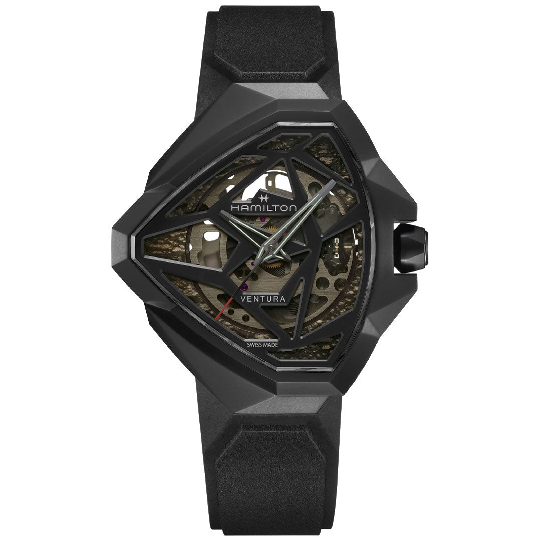 The Hamilton Ventura Edge Skeleton Automatic 51mm x 47mm Watch by Hamilton Watch features a black, angular case, skeletonized dial showing inner gears, black rubber strap, silver hands, and a red-tipped seconds hand.