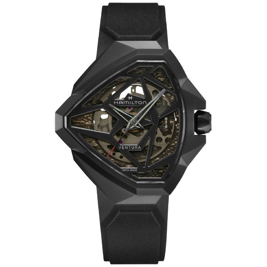 The Hamilton Ventura Edge Skeleton Automatic 51mm x 47mm Watch by Hamilton Watch features a black, angular case, skeletonized dial showing inner gears, black rubber strap, silver hands, and a red-tipped seconds hand.