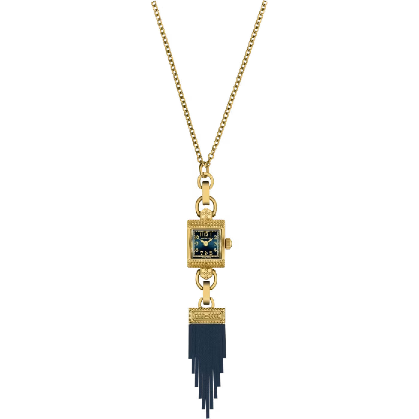 A Hamilton American Classic Lady Hamilton Quartz necklace from Hamilton Watch, featuring a gold chain and a square pendant watch with an intricate bezel and a black face. A sophisticated black tassel elegantly enhances the design below the watch.