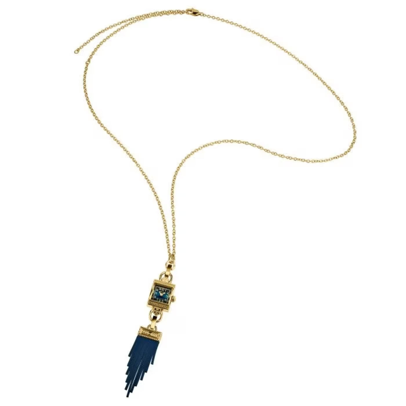 The Hamilton Watch necklace elegantly displays a distinctive pendant with an elaborate design, featuring a lively blue fringe-like tassel to add sophistication and style.