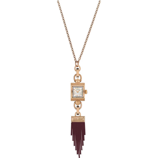 The Hamilton Watch American Classic Lady Hamilton Quartz 15mm x 19mm Watch Necklace features a gold-tone design with a square watch face, embellished edges, and is complemented by a burgundy fringe tassel at the bottom. The necklace boasts a simple yet elegant gold link chain.