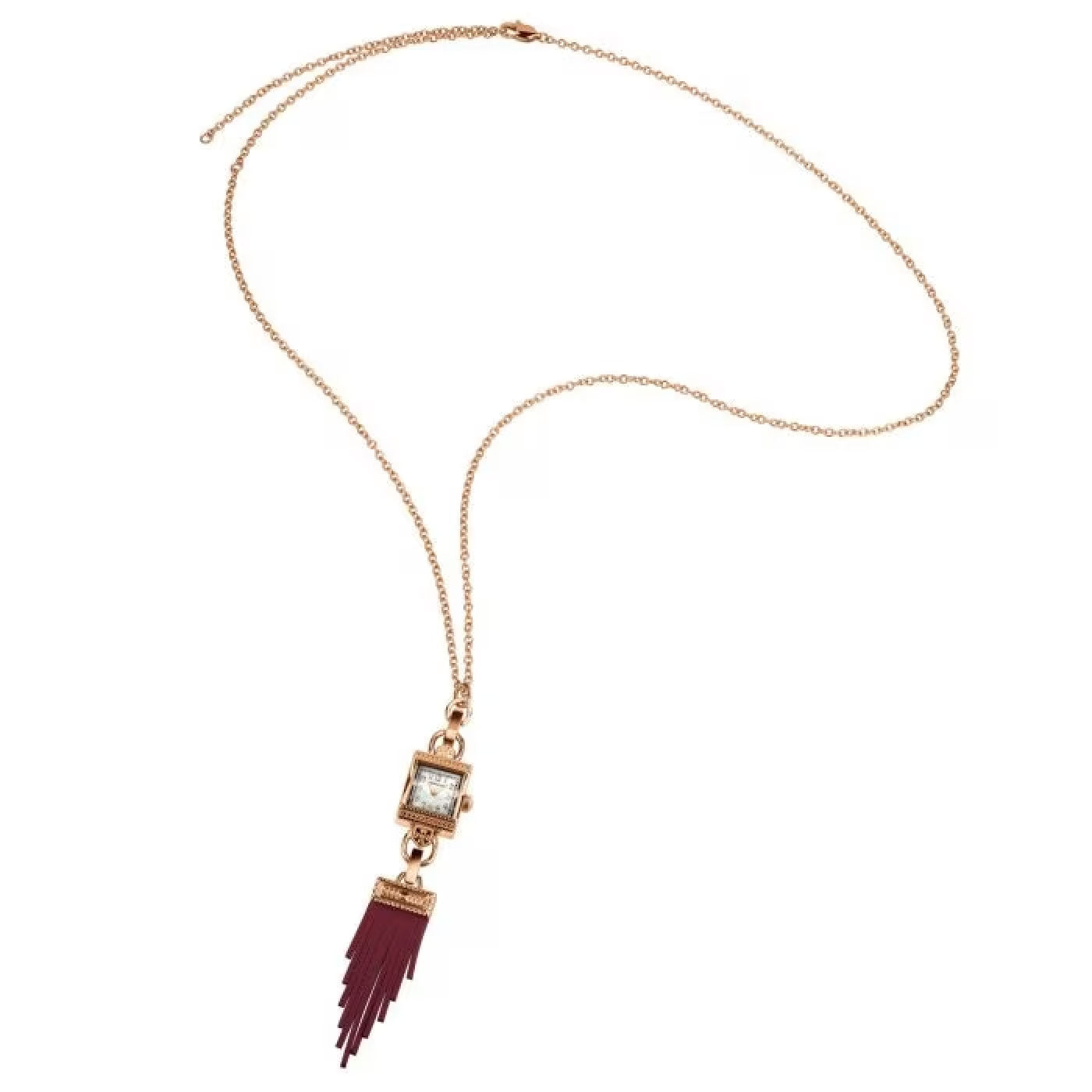 The Hamilton Watch American Classic Lady Hamilton Quartz watch necklace showcases a gold chain adorned with a rectangular pendant featuring a white dial. To accent this piece, dark red fringe tassels elegantly hang below the watch.