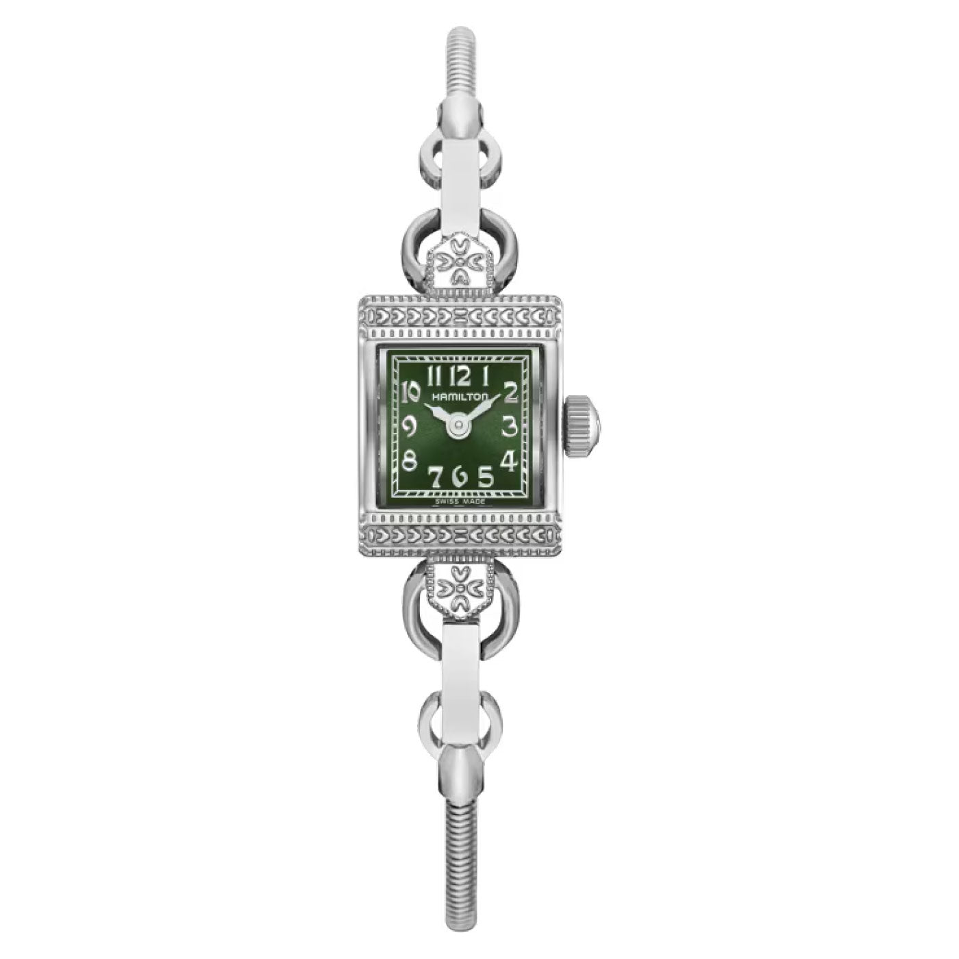 Introducing the Hamilton American Classic Lady Hamilton Quartz 15mm x 19mm Watch Necklace by Hamilton Watch. This vintage-style timepiece features a rectangular green face paired with an elegant silver bracelet. It is adorned with ornate detailing around the dial and exhibits timeless elegance through its traditional clasp design—a perfect choice for those who desire sophistication with a touch of flair.