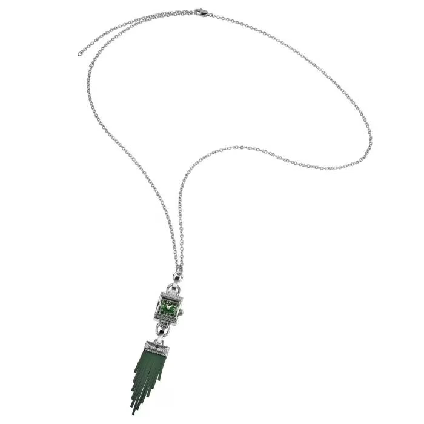 A refined Hamilton American Classic Lady Hamilton Quartz necklace from Hamilton Watch featuring an elegant rectangular pendant with a silver geometric design accented in green hues and a chic fringe detail. The thin, sophisticated chain exudes a modern aesthetic.