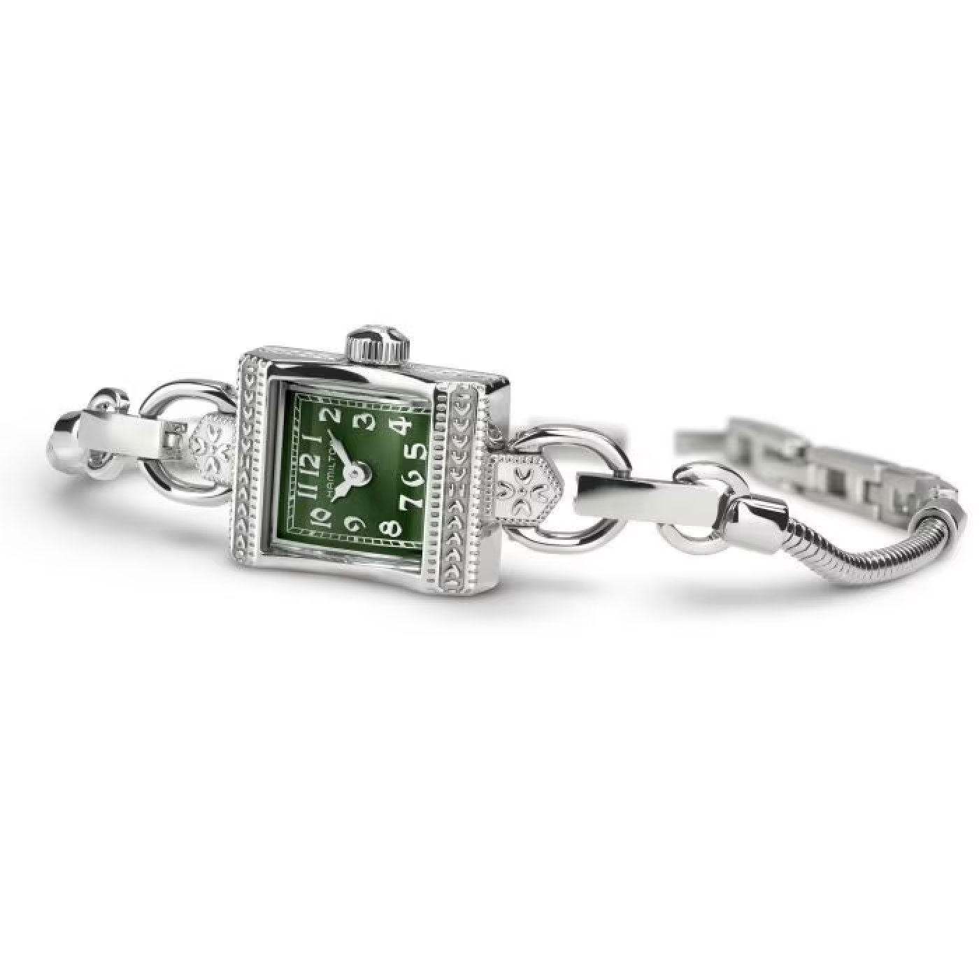 Introducing the Hamilton American Classic Lady Hamilton Quartz 15mm x 19mm Watch Necklace: a timeless piece by Hamilton Watch, featuring a vintage-inspired silver wristwatch with an ornate square green dial. It includes silver numerals and intricate detailing on the bracelet. This exquisite timepiece showcases a unique chain-link design, enhanced by elegant craftsmanship and completed with a convenient clasp closure.